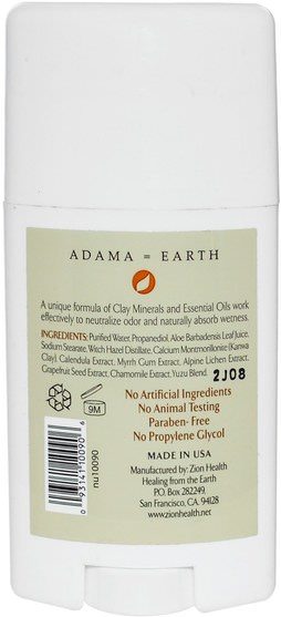 洗澡，美容，除臭劑 - Zion Health, Adama Minerals, Clay Dry Solid Deodorant, Original, 2.5 oz (70 g)