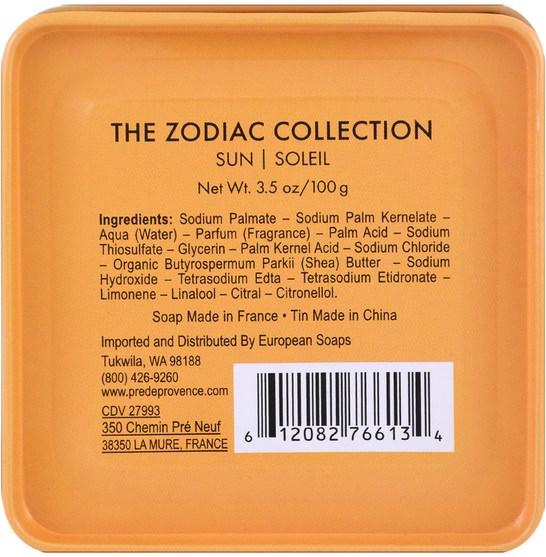 洗澡，美女 - European Soaps, Pre de Provence, The Zodiac Collection, Sun, 3.5 oz (100 g)