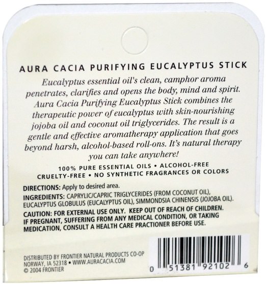 洗澡，美容，香水噴霧 - Aura Cacia, Purifying Eucalyptus Stick, Alcohol-Free, 0.29 fl oz (8.6 ml)