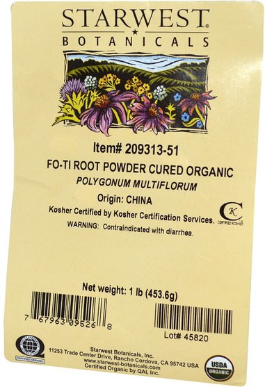 洗澡，美容，頭髮，頭皮，佛陀（何壽武） - Starwest Botanicals, Organic Fo-Ti Root Powder Cured, 1 lb (453.6 g)