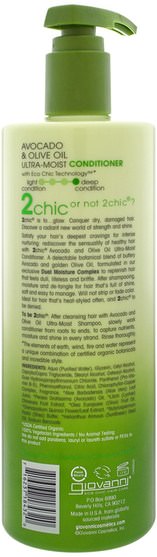 洗澡，美容，頭髮，頭皮 - Giovanni, 2Chic, Ultra-Moist Conditioner, for Dry, Damaged Hair, Avocado & Olive Oil, 24 fl oz (710 ml)