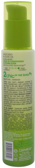 洗澡，美容，頭髮，頭皮 - Giovanni, 2Chic, Ultra-Moist Leave-In Conditioning & Styling Elixir, Avocado & Olive Oil, 4 fl oz (118 ml)