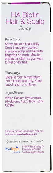 洗澡，美容，頭髮，頭皮 - Hyalogic HA Biotin Hair & Scalp Spray, 4 fl oz (118 ml)