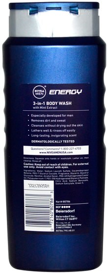 洗澡，美容，頭髮，頭皮，男士護髮，洗髮水，護髮素 - Nivea, 3-in-1 Body Wash, Men, Energy, 16.9 fl oz (500 ml)
