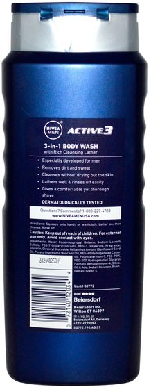 洗澡，美容，頭髮，頭皮，男士護髮，洗髮水，護髮素 - Nivea, Men, 3-in-1 Body Wash, Active 3, 16.9 fl oz (500 ml)