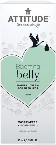 洗澡，美容，護手霜 - ATTITUDE, Blooming Belly, Natural Cream for Tired Legs, Mint, 2.5 fl oz (75 ml)