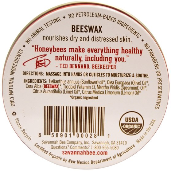洗澡，美容，護手霜 - Savannah Bee Company Inc, Organic Beeswax Hand and Nail Salve, 2 oz (57.7 g)