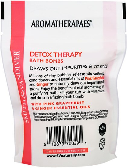 洗澡，美容，健康 - Smith & Vandiver, Detox Therapy Bath Bombs with Pink Grapefruit & Ginger Essential Oils, 4 Effervescent Bath Balls, 0.8 oz (22 g) Each