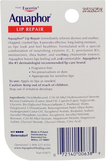 洗澡，美容，唇部護理 - Aquaphor, Lip Repair, Immediate Relief, Fragrance Free.35 fl oz (10 ml)