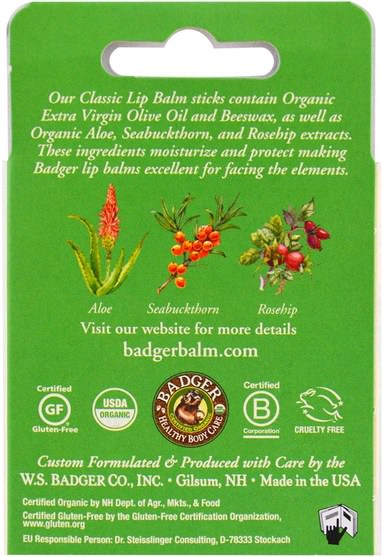 洗澡，美容，禮品套裝，唇部護理，唇膏 - Badger Company, Organic Classic Lip Balm Sticks, Green Box, 4 Lip Balm Sticks.15 oz (4.2 g) Each