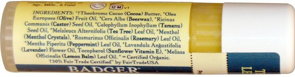 洗澡，美容，唇部護理，唇膏 - Badger Company, Tea Tree & Lemon Balm Herbal Lip Care with Cocoa Butter.25 oz (7 g)