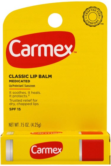 洗澡，美容，唇部護理，唇膏 - Carmex, Classic Lip Balm, Medicated SPF 15.15 oz (4.25 g)