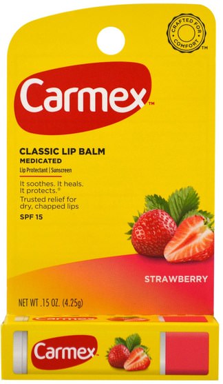 洗澡，美容，唇部護理，唇膏 - Carmex, Classic Lip Balm, Medicated SPF 15, Strawberry.15 oz (4.25 g)