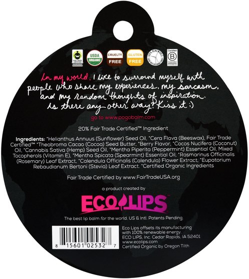 洗澡，美容，唇部護理，唇膏 - Eco Lips POGO, Organic Lip Balm, Iced Iced Berry, 0.15 oz (4.25 g)