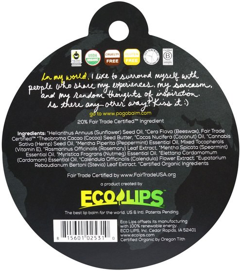 洗澡，美容，唇部護理，唇膏 - Eco Lips POGO, Organic Lip Balm, Mint Mint, 0.15 oz (4.25 g)