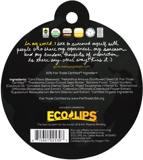洗澡，美容，唇部護理，唇膏 - Eco Lips POGO, Organic Lip Balm, Split Banana, 0.15 oz (4.25 g)