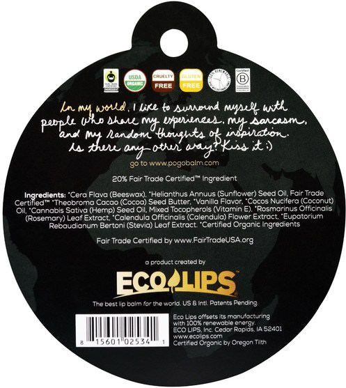 洗澡，美容，唇部護理，唇膏 - Eco Lips POGO, Organic Lip Balm, True Vanilla Bean, 0.15 oz (4.25 g)