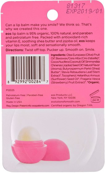 洗澡，美容，唇部護理，唇膏 - EOS, Lip Balm, Strawberry Sorbet.25 oz (7 g)