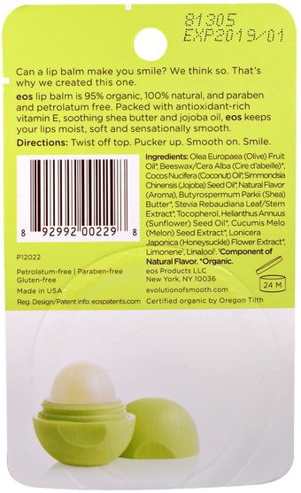洗澡，美容，唇部護理，唇膏 - EOS, Organic Lip Balm, Honeysuckle Honeydew, 0.25 oz (7 g)