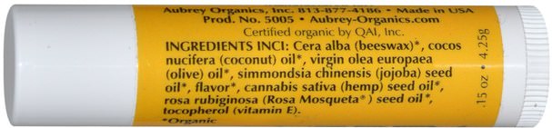 洗澡，美容，唇部護理，唇膏，健康，皮膚 - Aubrey Organics, Organic Lip Balm, Vanilla & Honey.15 oz (4.25 g)