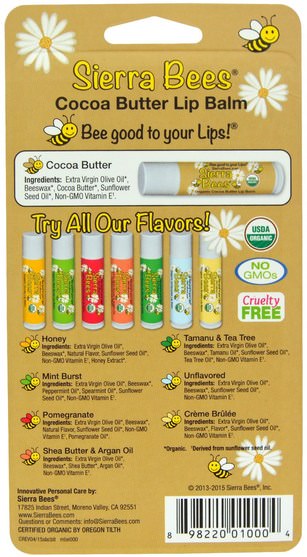 洗澡，美容，唇部護理，唇膏，山脈蜜蜂有機唇膏 - Sierra Bees, Organic Lip Balms, Cocoa Butter, 8 Pack.15 oz (4.25 g) Each