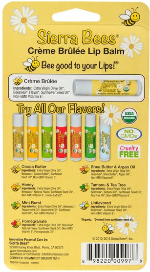 洗澡，美容，唇部護理，唇膏，山脈蜜蜂有機唇膏 - Sierra Bees, Organic Lip Balms, Crme Brulee, 8 Pack.15 oz (4.25 g) Each