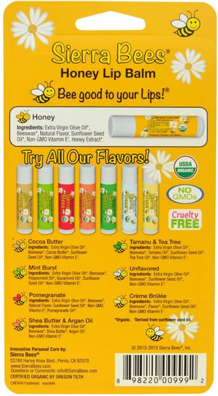 洗澡，美容，唇部護理，唇膏，山脈蜜蜂有機唇膏 - Sierra Bees, Organic Lip Balms, Honey, 8 Pack.15 oz (4.25 g) Each