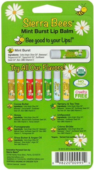 洗澡，美容，唇部護理，唇膏，山脈蜜蜂有機唇膏 - Sierra Bees, Organic Lip Balms, Mint Burst, 8 Pack.15 oz (4.25 g) Each