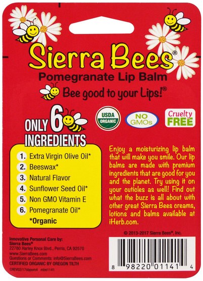 洗澡，美容，唇部護理，唇膏，山脈蜜蜂有機唇膏 - Sierra Bees, Organic Lip Balms, Pomegranate, 4 Pack.15 oz (4.25 g) Each