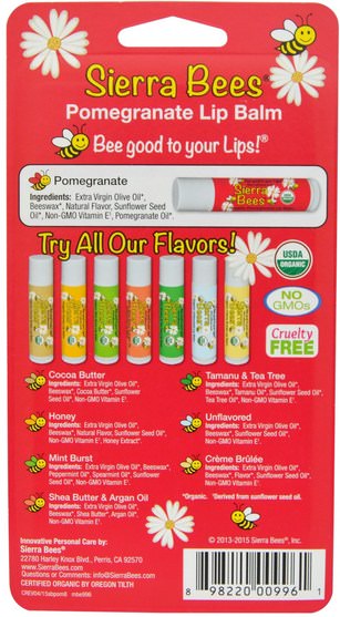 洗澡，美容，唇部護理，唇膏，山脈蜜蜂有機唇膏 - Sierra Bees, Organic Lip Balms, Pomegranate, 8 Pack.15 oz (4.25 g) Each
