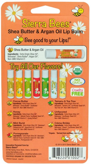 洗澡，美容，唇部護理，唇膏，山脈蜜蜂有機唇膏 - Sierra Bees, Organic Lip Balms, Shea Butter & Argan Oil, 8 Pack.15 oz (4.25 g) Each