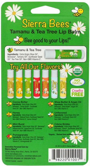 洗澡，美容，唇部護理，唇膏，山脈蜜蜂有機唇膏 - Sierra Bees, Organic Lip Balms, Tamanu & Tea Tree, 8 Pack.15 oz (4.25 g) Each
