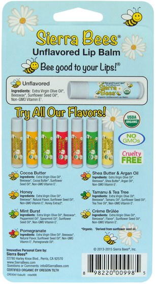 洗澡，美容，唇部護理，唇膏，山脈蜜蜂有機唇膏 - Sierra Bees, Organic Lip Balms, Unflavored, 8 Pack.15 oz (4.25 g) Each