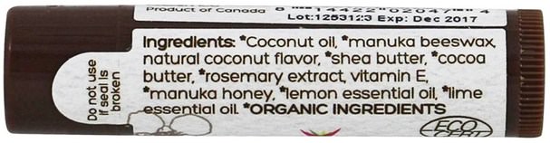 洗澡，美容，唇部護理，唇膏 - Wedderspoon, Organic Lipcare, Coconut Lime, 0.15 oz (4.5 g)