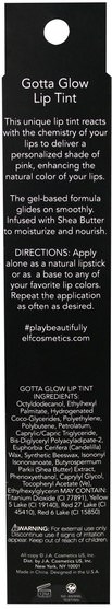 沐浴，美容，唇部護理，唇膏，口紅，光澤，襯墊 - E.L.F. Cosmetics, Gotta Glow Lip Tint, Perfect Pink, 0.11 oz (3.4 g)