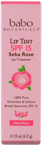 沐浴，美容，唇部護理，唇部防曬霜，口紅，光澤，襯墊 - Babo Botanicals, Lip Tint Balm, SPF 15, Seka Rose, 0.15 oz (4.2 g)
