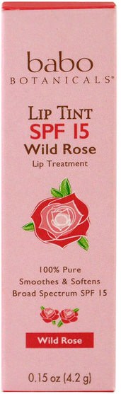 沐浴，美容，唇部護理，唇部防曬霜，口紅，光澤，襯墊 - Babo Botanicals, Lip Tint Balm, SPF 15, Wild Rose, 0.15 oz (4.2 g)