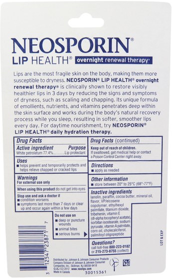 洗澡，美容，唇部護理 - Neosporin, Overnight Renewal Therapy, White Petrolatum Lip Protectant, 0.27 oz (7.7 g)
