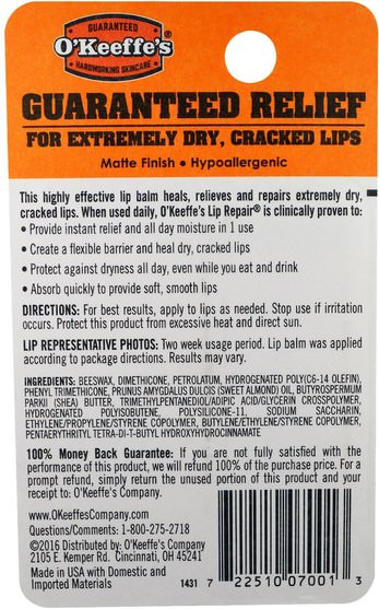 洗澡，美容，唇部護理 - OKeeffes, Lip Repair, Unflavored, 0.15 oz (4.2 g)