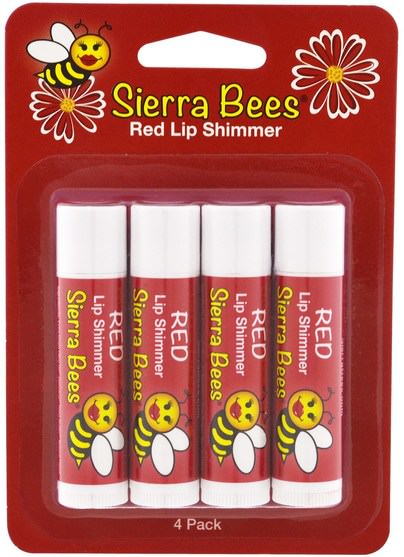 沐浴，美容，口紅，光澤，眼線，唇部護理，唇膏 - Sierra Bees, Tinted Lip Shimmer Balms, Red, 4 Pack