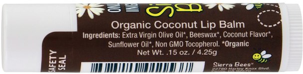 洗澡，美容，口紅，光澤，襯墊，唇部護理 - Sierra Bees, Organic Lip Balms, Coconut, 4 Pack.15 oz (4.25 g) Each