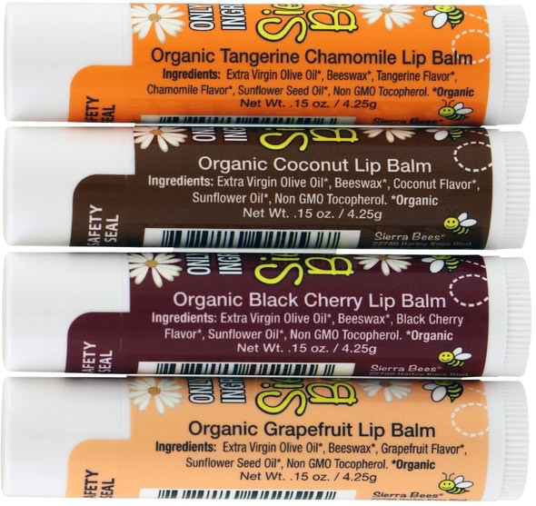 洗澡，美容，口紅，光澤，襯墊，唇部護理 - Sierra Bees, Organic Lip Balms, Variety Pack, 4 Pack.15 oz (4.25 g) Each