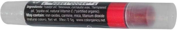 洗澡，美容，口紅，光澤，襯墊，唇彩 - Colorganics Hemp Organics, Organic Lip Tint, Wine.09 oz (2.5 g)