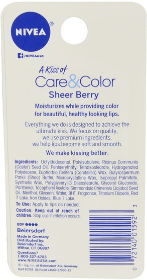洗澡，美容，口紅，光澤，襯墊 - Nivea, A Kiss of Care & Color, Sheer Berry Lip Care, 0.17 oz (4.8 g)