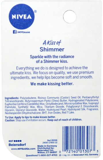 洗澡，美容，口紅，光澤，襯墊 - Nivea, A Kiss of Shimmer, Radiant Lip Care, 0.17 oz (4.8 g)