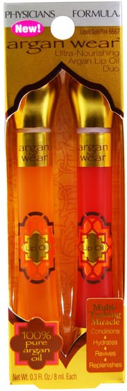 洗澡，美容，口紅，光澤，襯墊 - Physicians Formula, Ultra Nourishing Argan Lip Oil Duo, Liquid Gold/Pink, 0.3 fl oz (8 ml)
