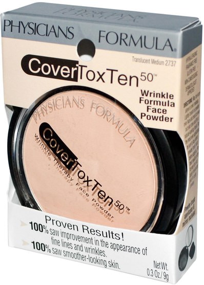 沐浴，美容，化妝，粉餅 - Physicians Formula, CoverToxTen 50, Wrinkle Therapy Face Powder, Translucent Medium, 0.3 oz (9 g)