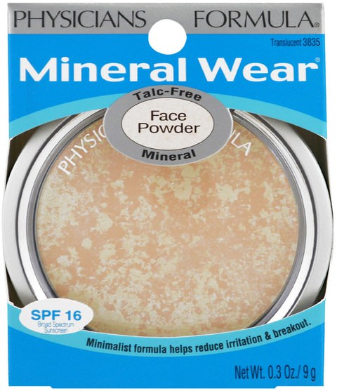 沐浴，美容，化妝，粉餅 - Physicians Formula, Mineral Wear, Face Powder, Translucent, SPF 16, 0.3 oz (9 g)