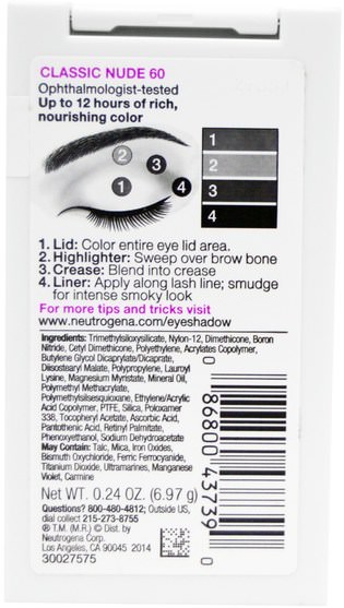 洗澡，美容，化妝，面部護理，眼影 - Neutrogena, Long Wear Eye Shadow, Classic Nude 60, 0.24 oz (6.97 g)
