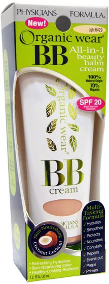 洗澡，美容，化妝，液體化妝 - Physicians Formula, Organic Wear, BB All-in-1 Beauty Balm Cream, Light, 1.2 fl oz (35 ml)